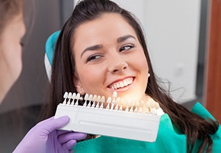 A dentist assessing a patient’s tooth color