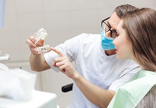 dentist showing a patient a model of how dental implants work